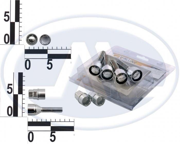 Болт 12х30 коліс хром конус секретки (вращ. кільце, 2 ключі) (ш 1.25) (4 шт.) (блитер) 372120 Х2 (вир-во WALLINE)