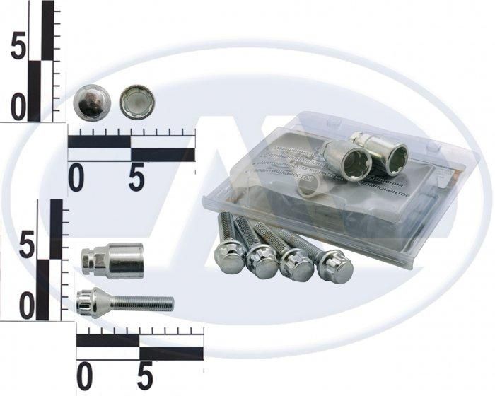 Болт 12х45 коліс хром конус секретки (2 ключі) (ш 1.5) (4 шт) (блистер) 375130 Н2 (вир-во WALLINE)
