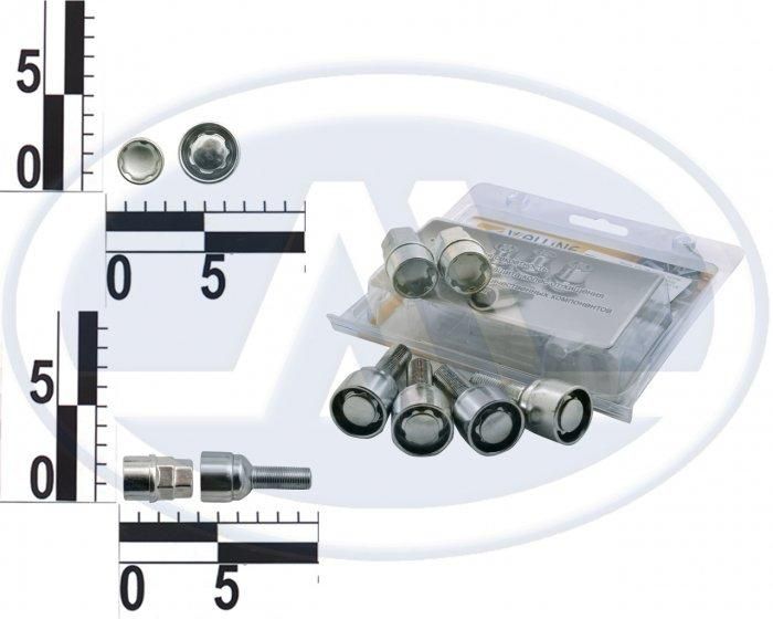 Болт 12х28 коліс хром сфера секретки (вращ. кільце, 2 ключі) (ш 1.5) (4 шт.) (блистер) 385111 Х2 (вир-во WALLINE)