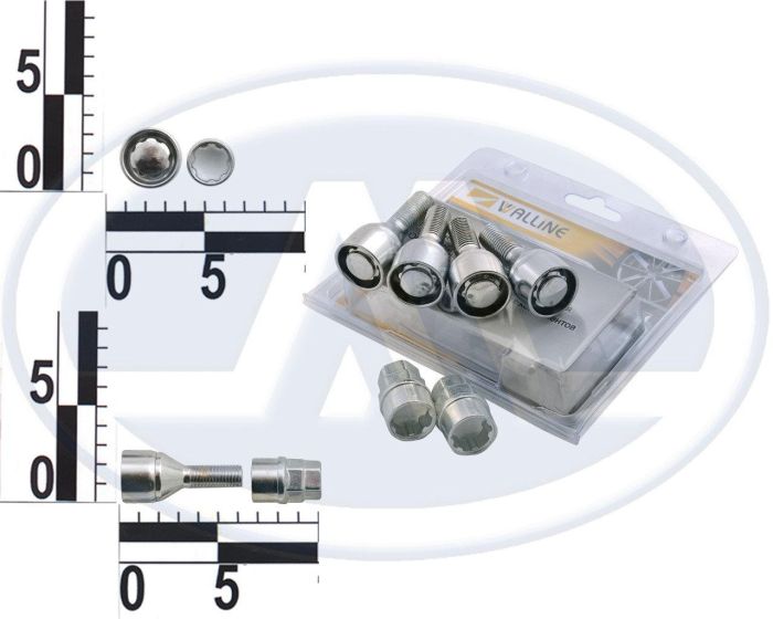 Болт М12х28 (ш.1,5) колеса Lanos, хромований конус секретки (вращ. кільце, 2 ключі) (4 шт.) 375110 Х2 (вир-во WALLINE)